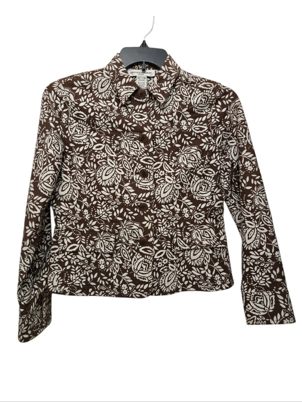 Vintage Jones New York Cropped Brown Floral Button-Up Jacket Size M Petite